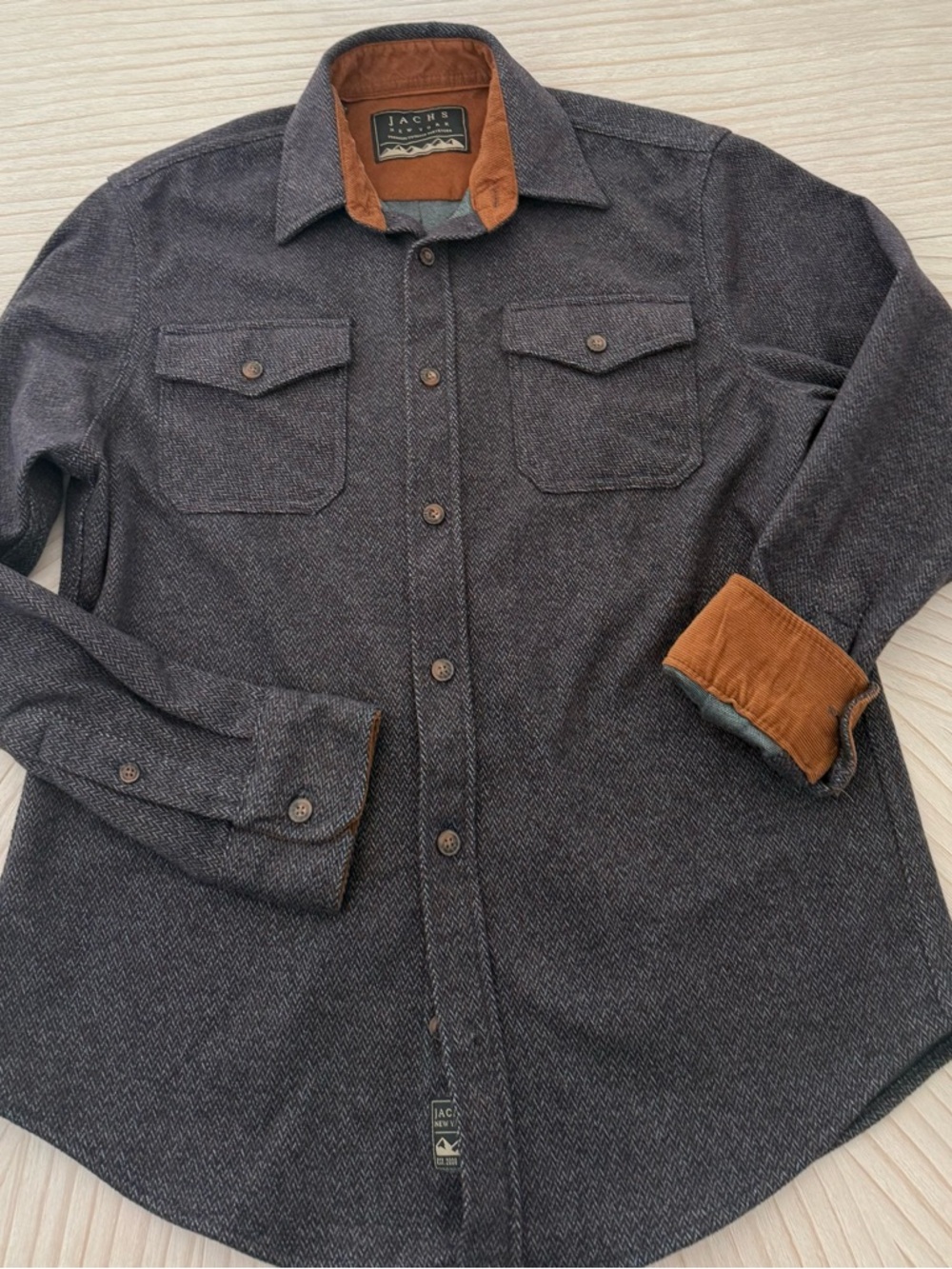 Jachs NY Men's Charcoal Herringbone Button-Down Shirt with Brown Corduroy Trim